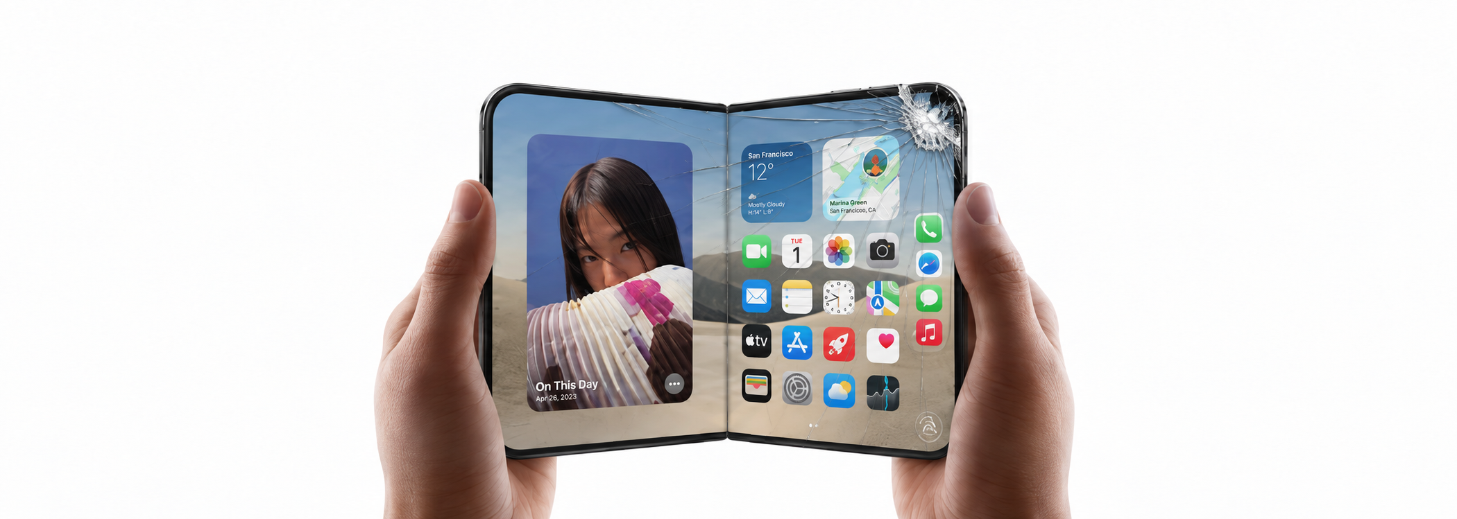 Ekranı kırılmış katlanabilir iPhone g&ouml;rseli